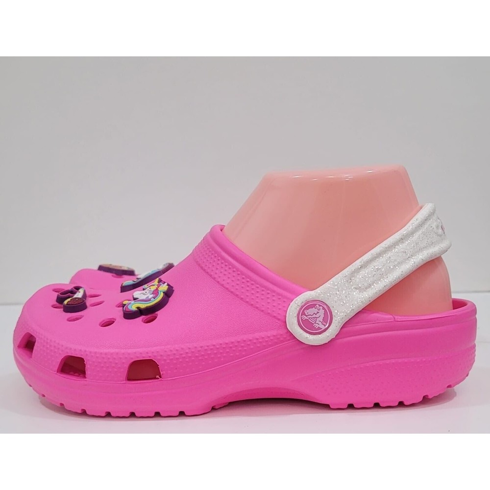 Crocs JOJO Siwa NEW Charm Pink Clog White Glitter Strap Jibbitz Sz.J 5